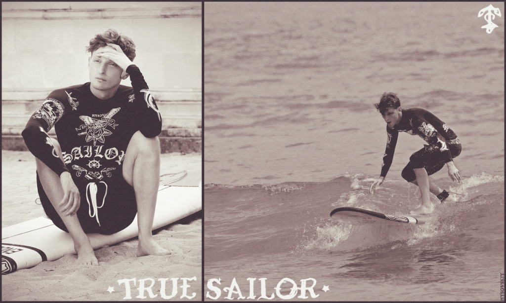 Павел Воля в дизайнерской лайкре для серфинга с татуировками True Sailor. 