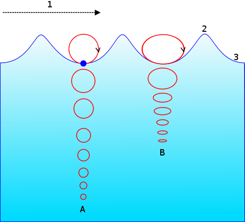 Движение частиц в ветровой волне. A = на большой глубине B = на мелководье 1 = направлении распространения. 2 = гребень волны 3 = подошва волны